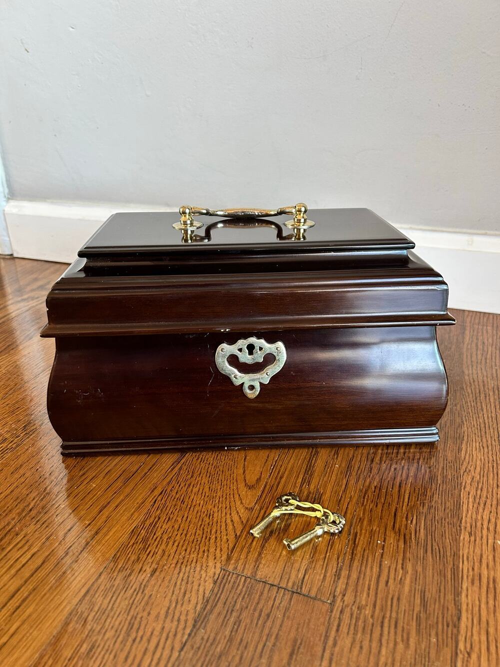 Vintage Mahogany Jewelry Chest Velvet Lined Brass Accents, Working Keys included